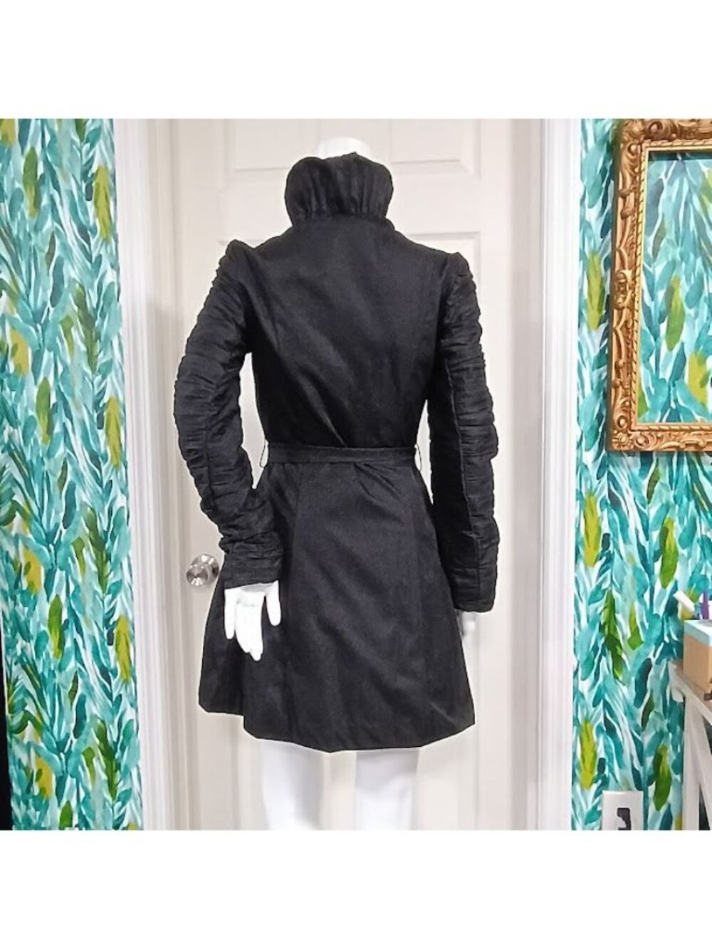 Samuel Dong Black Ruffle Front Long Coat Dress S  Pleated Skirt By Samuel Dong - Picture 3 of 16